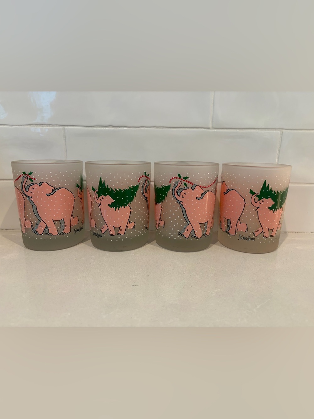 Vintage Neiman Marcus Set of 4 Pink Elephant Holiday Glasses Low Balls Frosted